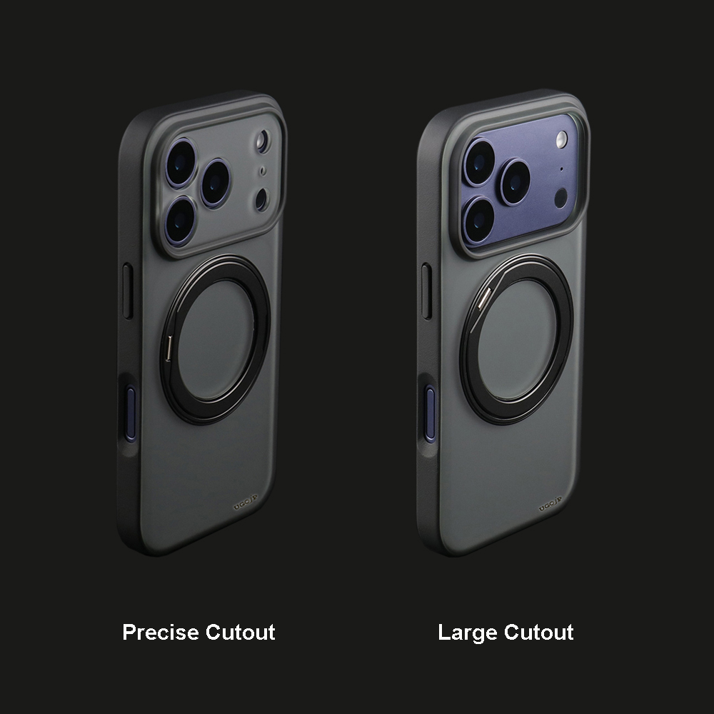 Matte MagSafe stand case showing precise camera cutout and large camera cutout options