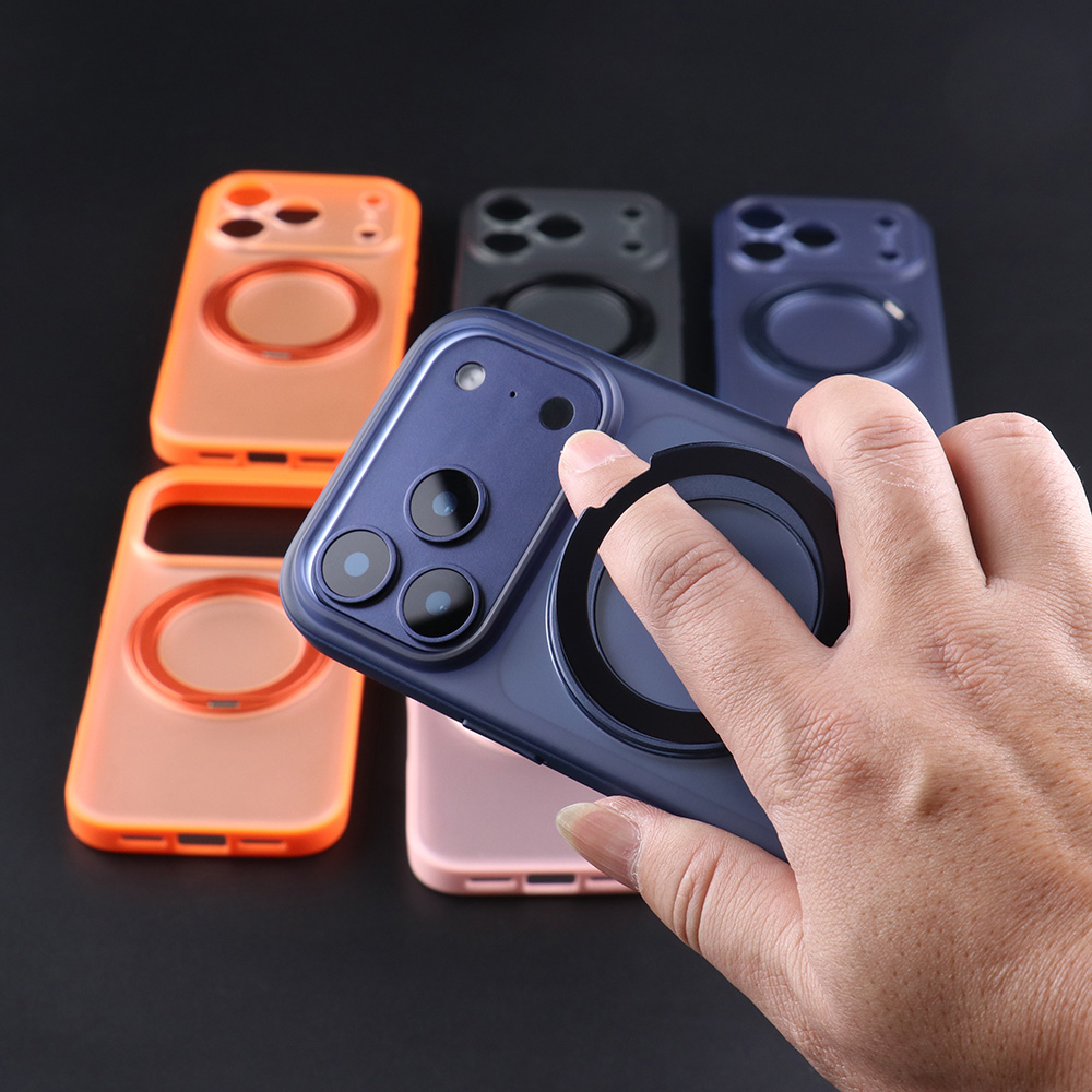 Matte MagSafe stand case with hand opening the built-in ring stand