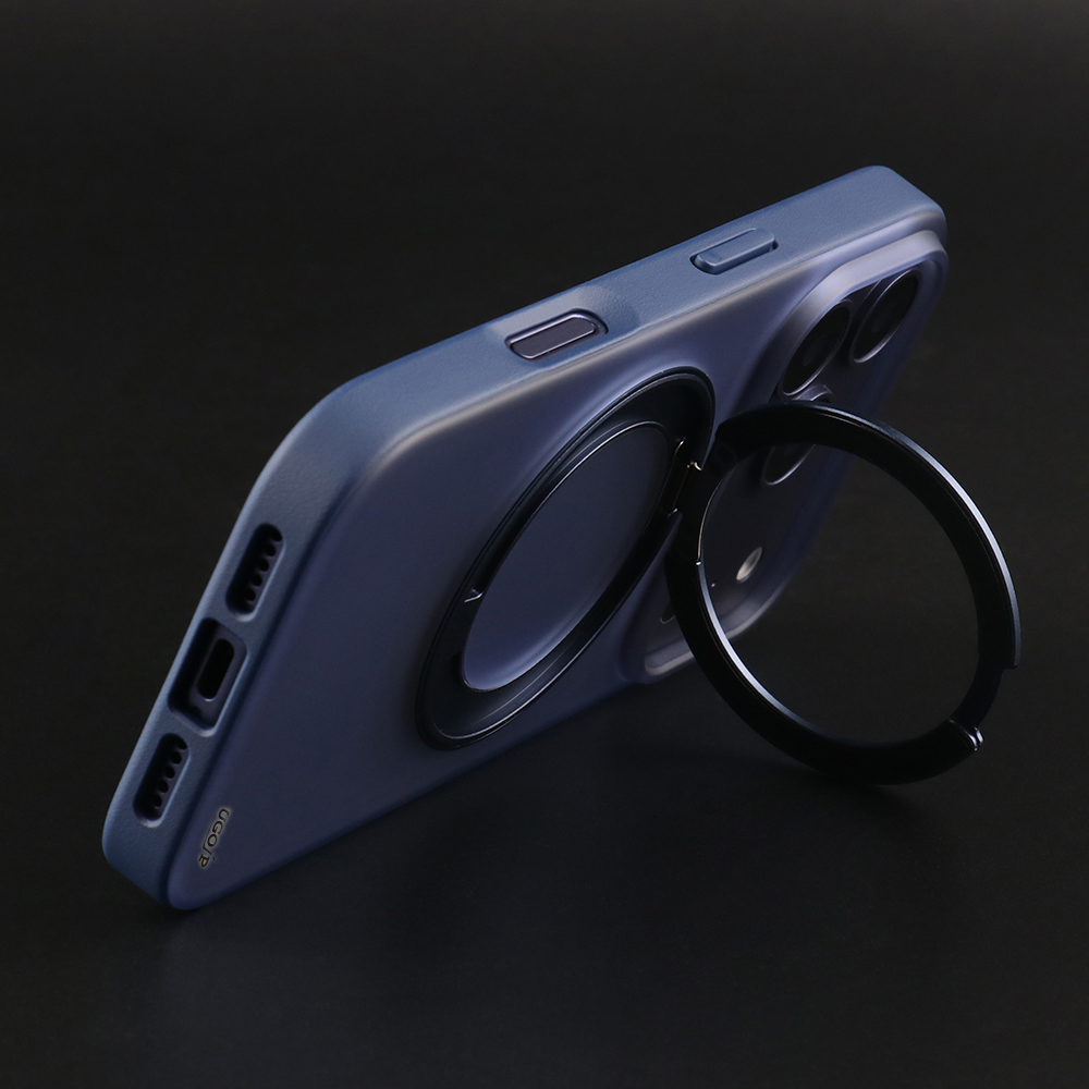 Matte MagSafe stand case with ring stand opened from a side angle