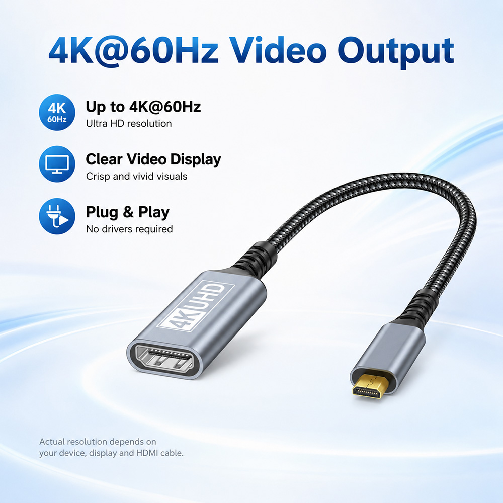 Micro HDMI to HDMI adapter cable feature image showing up to 4K@60Hz video output, clear video display and plug and play use