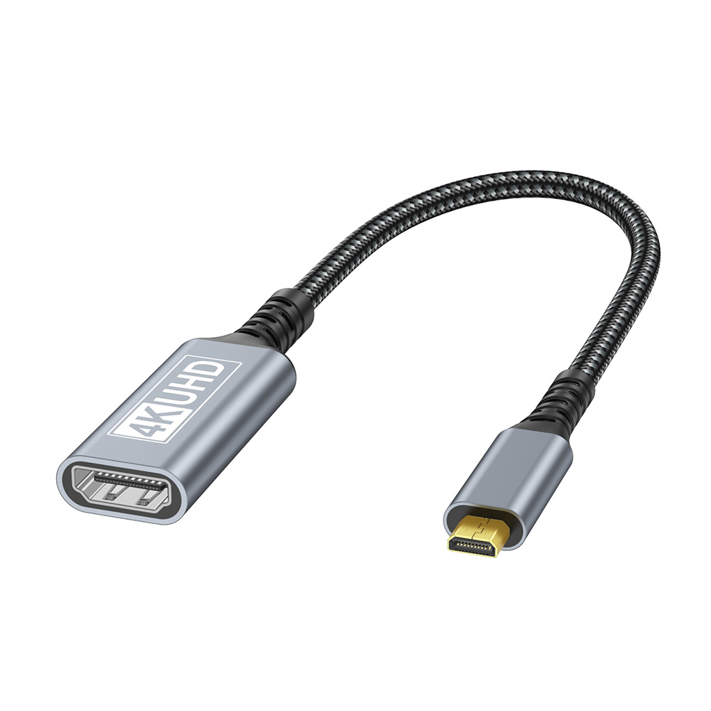 0.2m Micro HDMI to HDMI adapter cable with Micro HDMI male connector, HDMI female port, braided cable and 4K UHD support