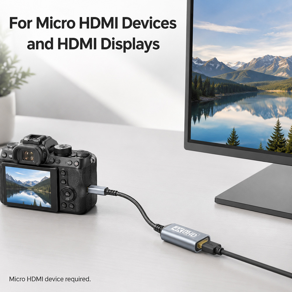 Micro HDMI to HDMI adapter cable connected between a generic Micro HDMI device and an HDMI display for video output