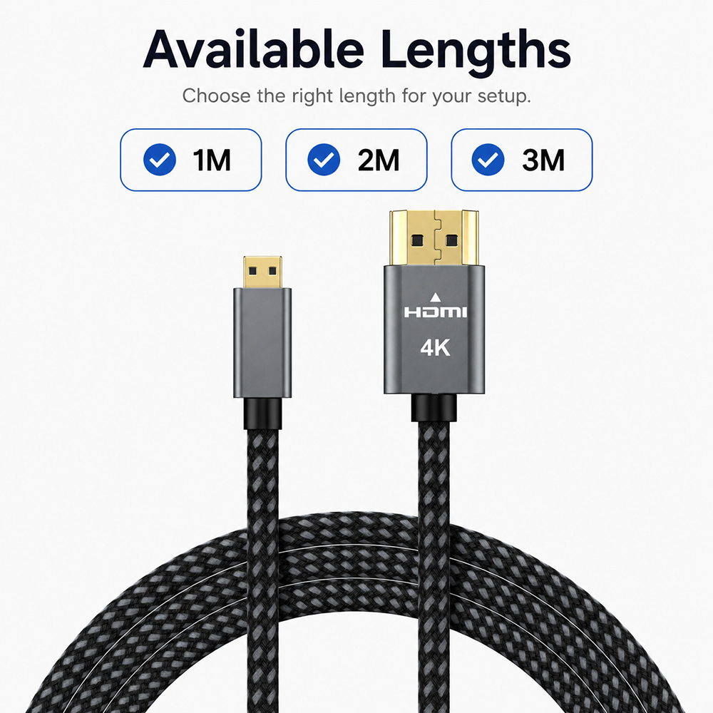 Micro HDMI to HDMI cable available in 1m, 2m and 3m length options for different setups.