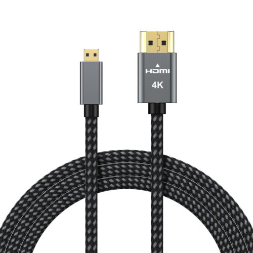 Micro HDMI to HDMI cable with braided design and full-size HDMI connector for 4K video output.