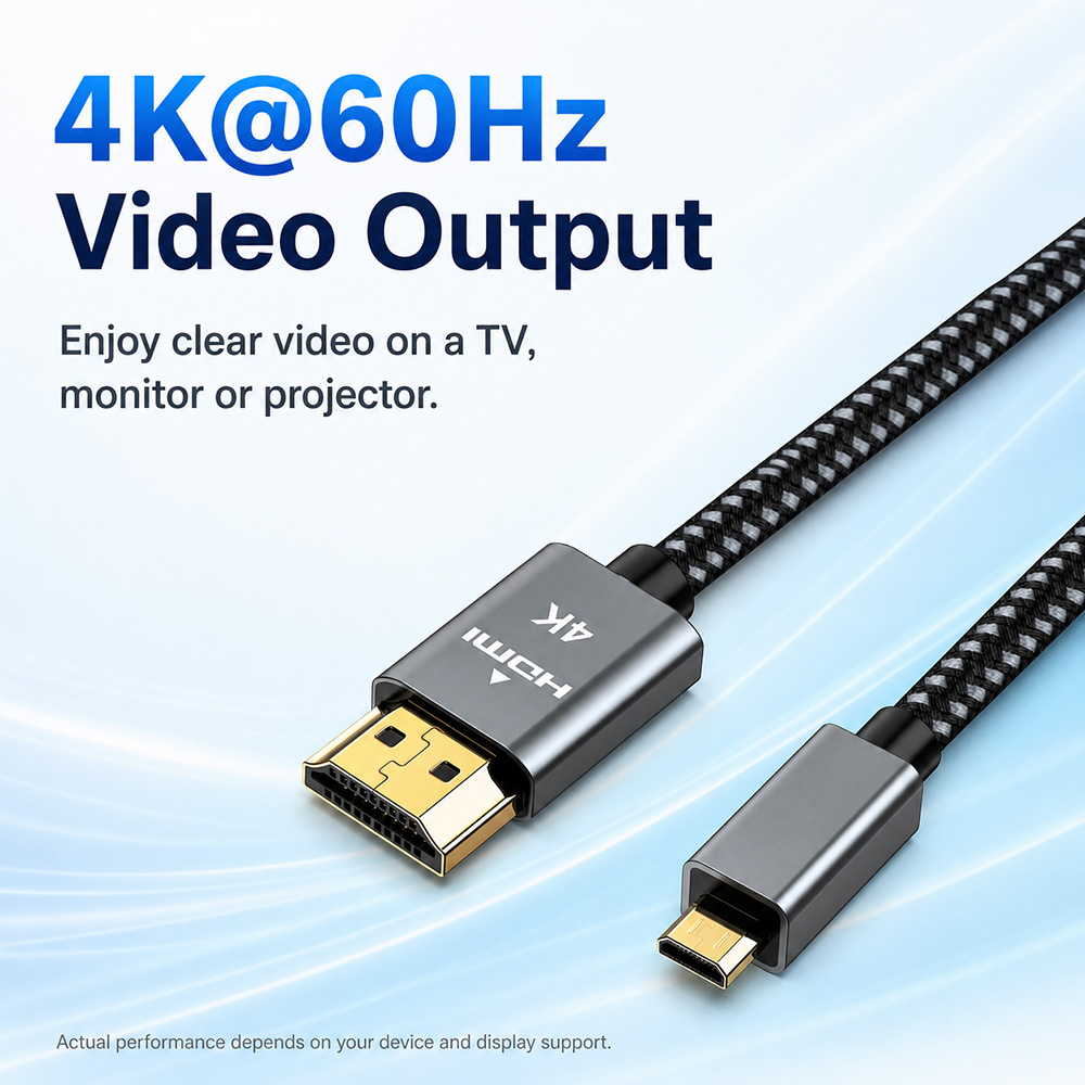 Micro HDMI to HDMI cable supports 4K 60Hz video output to TV, monitor or projector.
