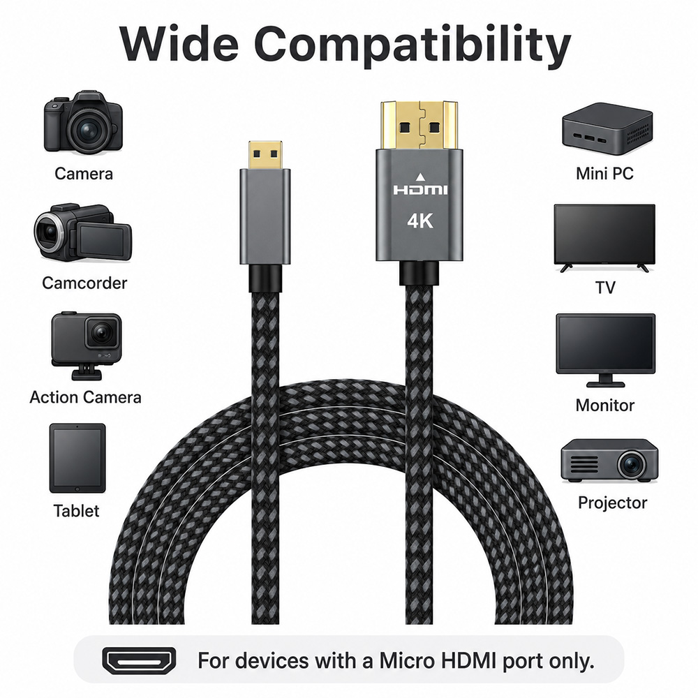 Micro HDMI to HDMI cable for cameras, camcorders, tablets, mini PCs, TVs, monitors and projectors.