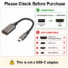Compatibility guide for Mini DisplayPort to HDMI adapter cable showing Mini DP source to HDMI display and unsupported ports