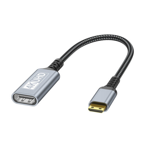 0.2m Mini HDMI to HDMI adapter cable with Mini HDMI male connector, HDMI female port, braided cable and 4K UHD support