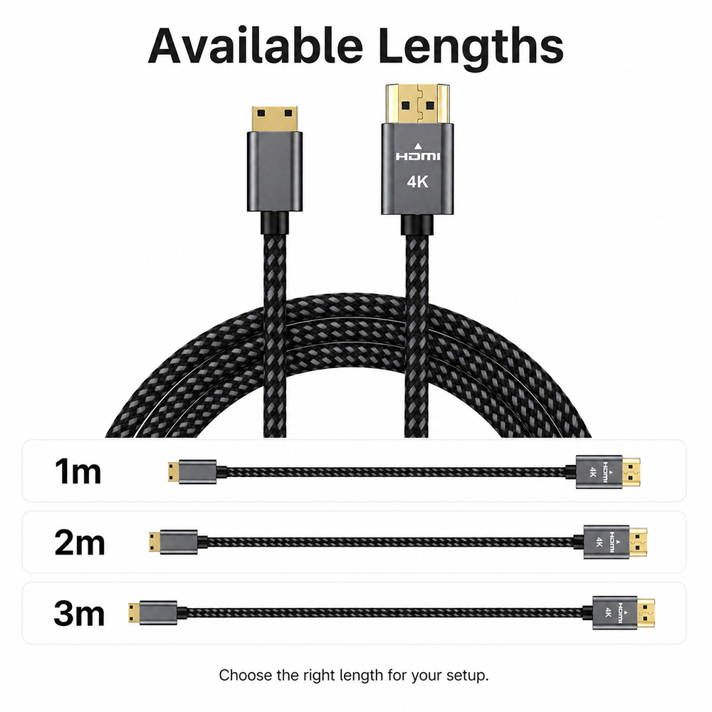 Mini HDMI to HDMI cable available in 1m 2m and 3m length options