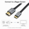 Mini HDMI to HDMI cable connecting cameras and camcorders to HDMI displays