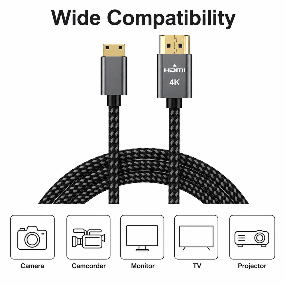 Mini HDMI to HDMI cable compatible with cameras camcorders monitors TVs and projectors