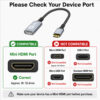 Compatibility guide for Mini HDMI to HDMI adapter cable showing Mini HDMI port is compatible and Micro HDMI, USB-C, Micro USB and standard HDMI ports are not compatible