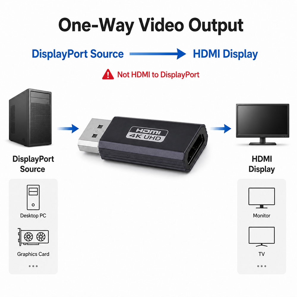 One-way DisplayPort source to HDMI display connection guide for 4K DP to HDMI adapter