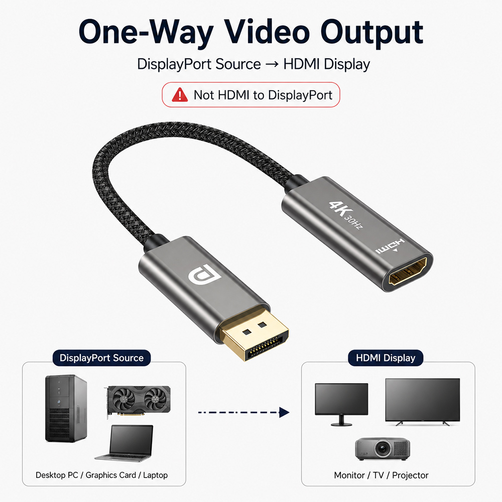 One-way DisplayPort source to HDMI display connection guide for DP to HDMI adapter cable