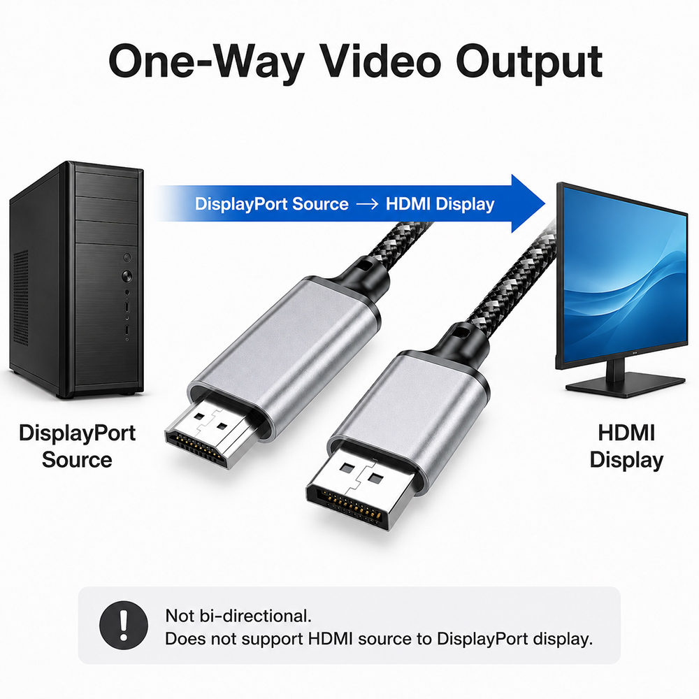 One-way DisplayPort to HDMI cable for DisplayPort source to HDMI display connection