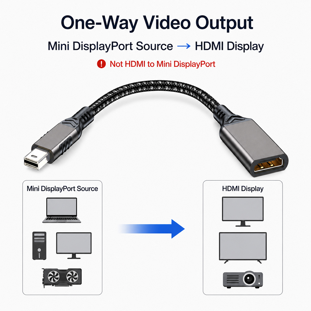 One-way Mini DisplayPort source to HDMI display connection guide for Mini DisplayPort to HDMI adapter cable