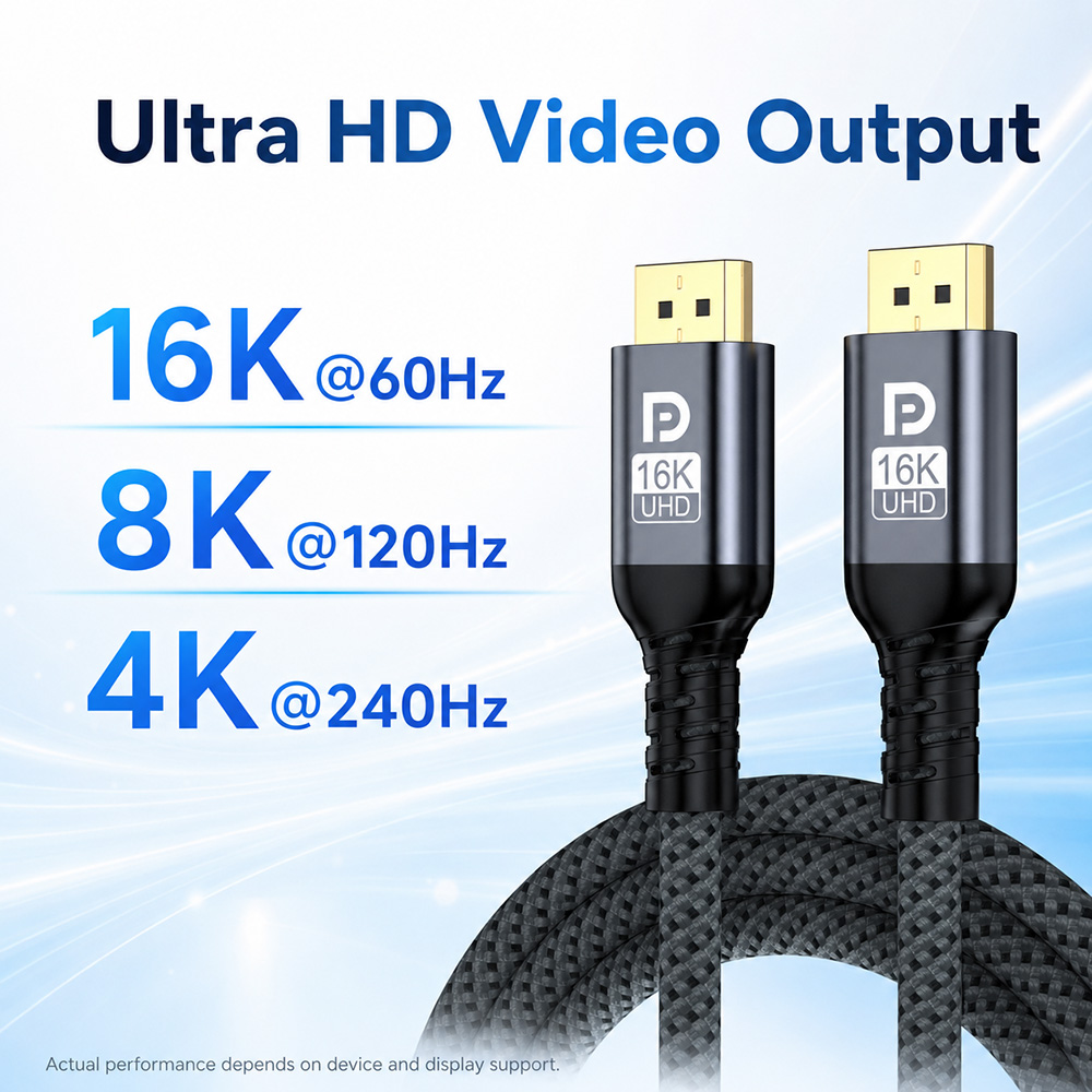 Premium 16K DisplayPort cable supporting 16K 60Hz 8K 120Hz and 4K 240Hz video output depending on device support