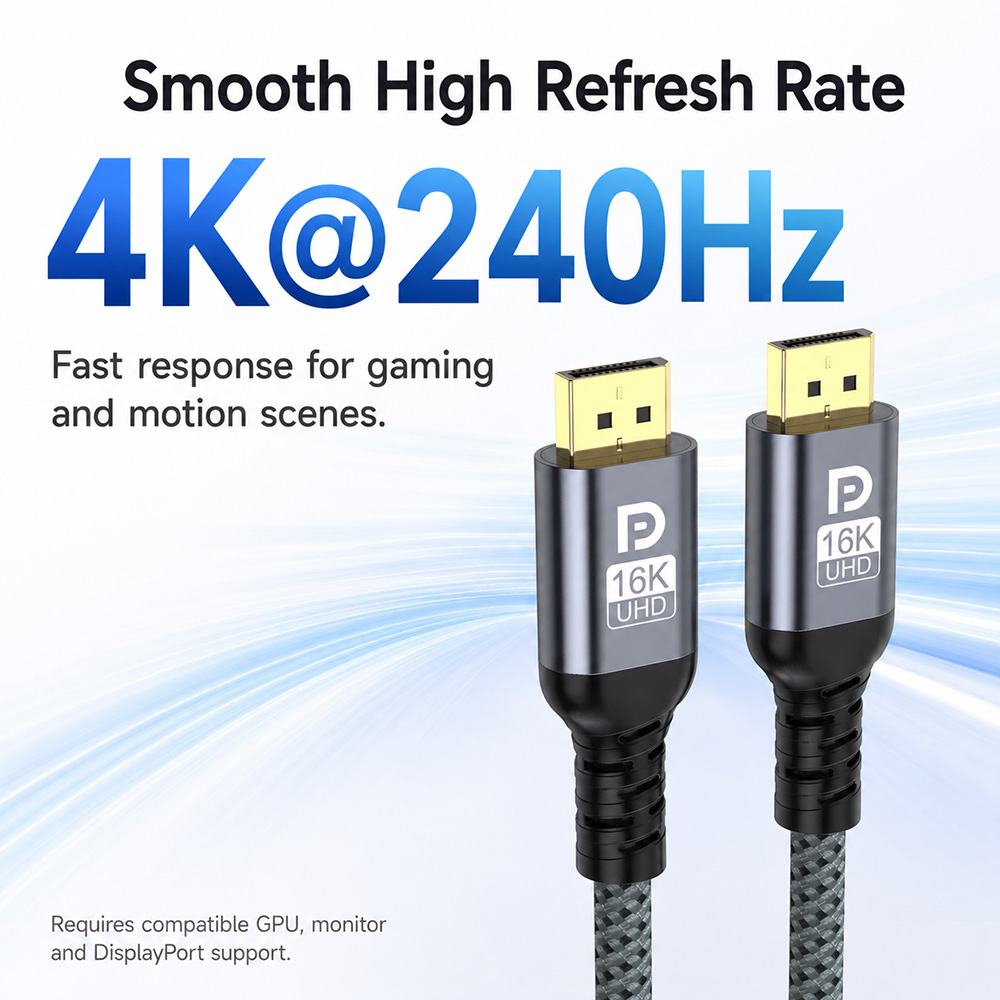 Premium DisplayPort to DisplayPort cable for smooth 4K 240Hz high refresh rate display connection