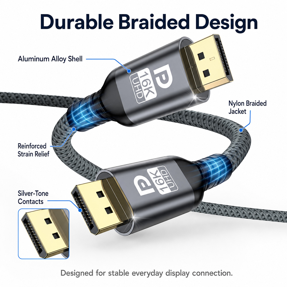 Premium DisplayPort cable with aluminum alloy shell nylon braided jacket reinforced strain relief and silver tone contacts