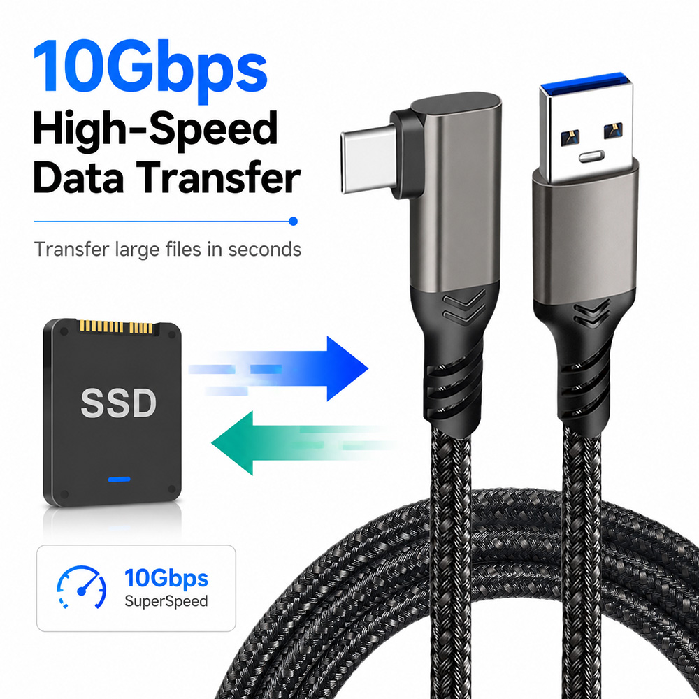 Right-angle USB 3.2 Gen2 USB-A to USB-C cable supports up to 10Gbps high-speed data transfer