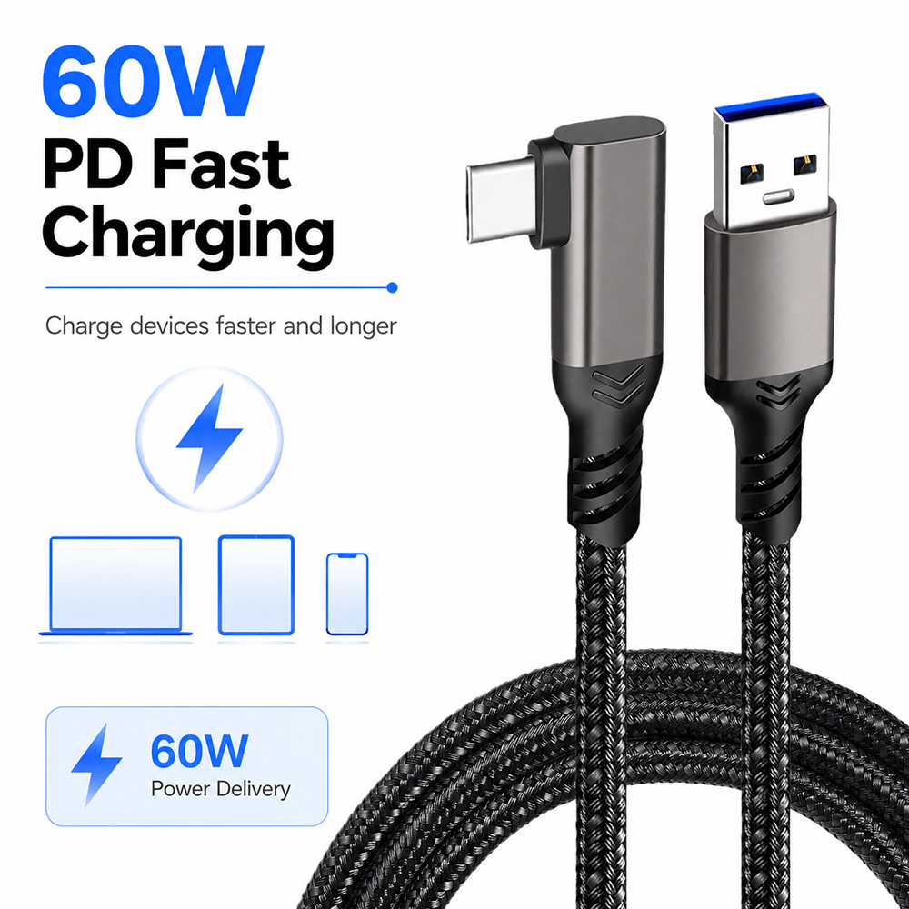 Right-angle USB 3.2 Gen2 USB-A to USB-C cable supports up to 60W PD fast charging