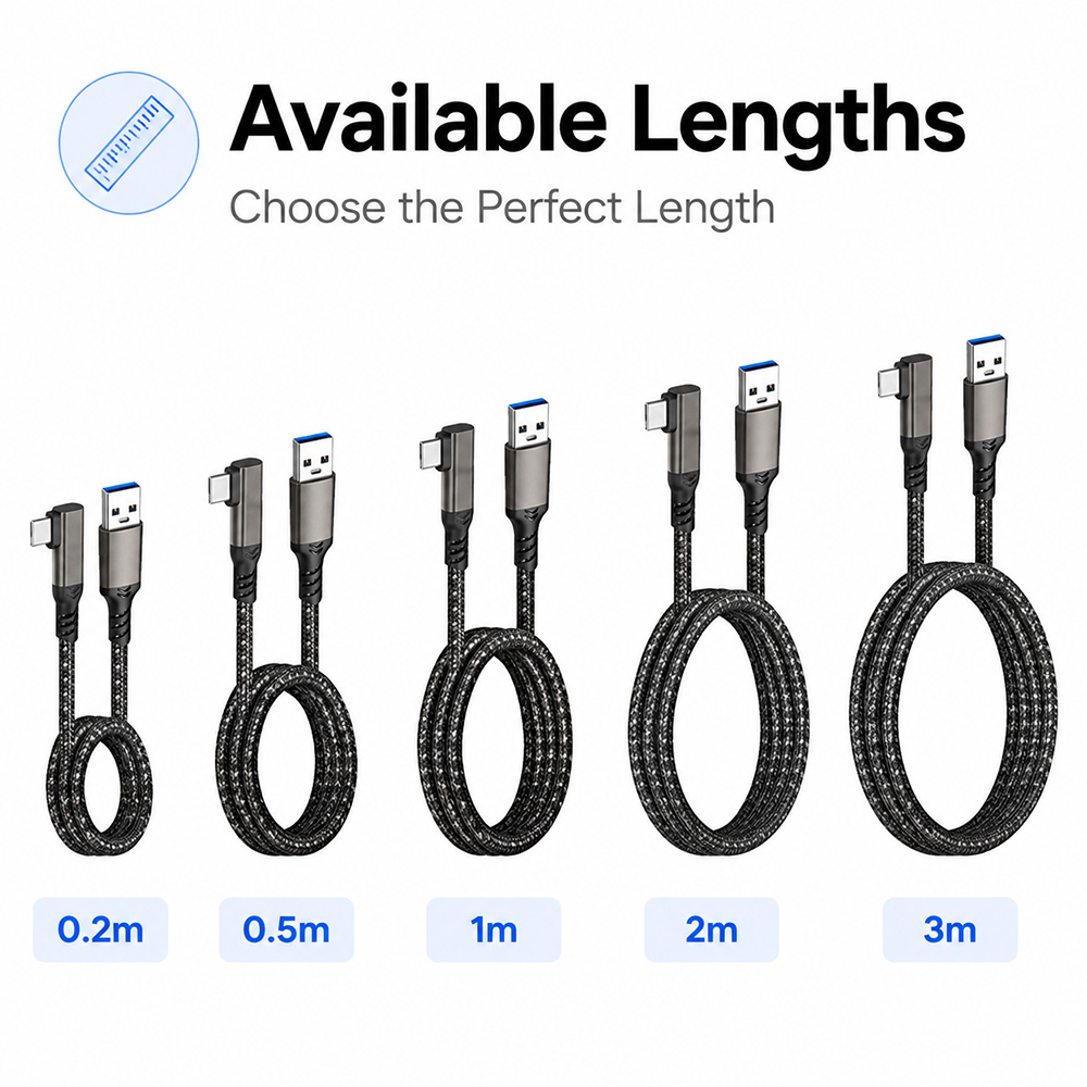 Right-angle USB 3.2 Gen2 USB-A to USB-C cable available in 0.2m, 0.5m, 1m, 2m and 3m lengths