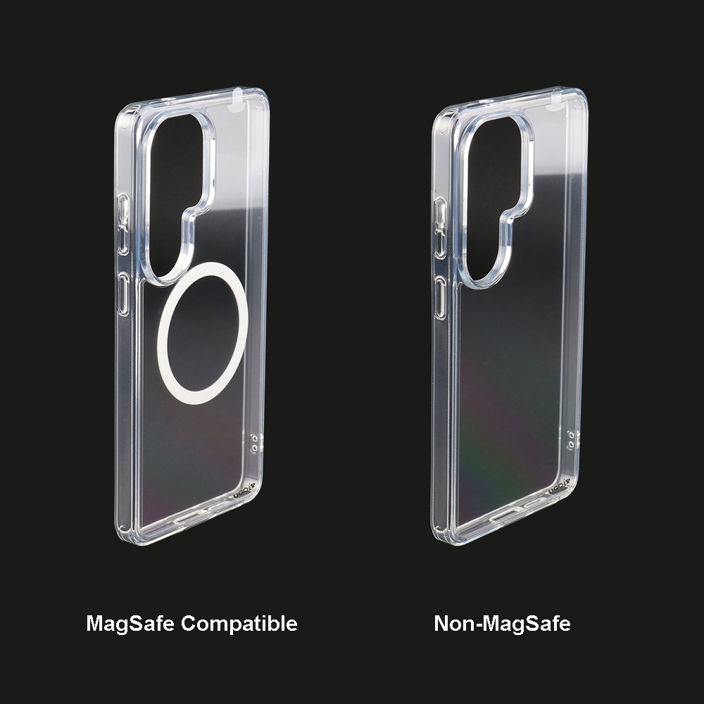 Samsung Galaxy S26 clear case showing magnetic ring and non-magnetic options for selected models