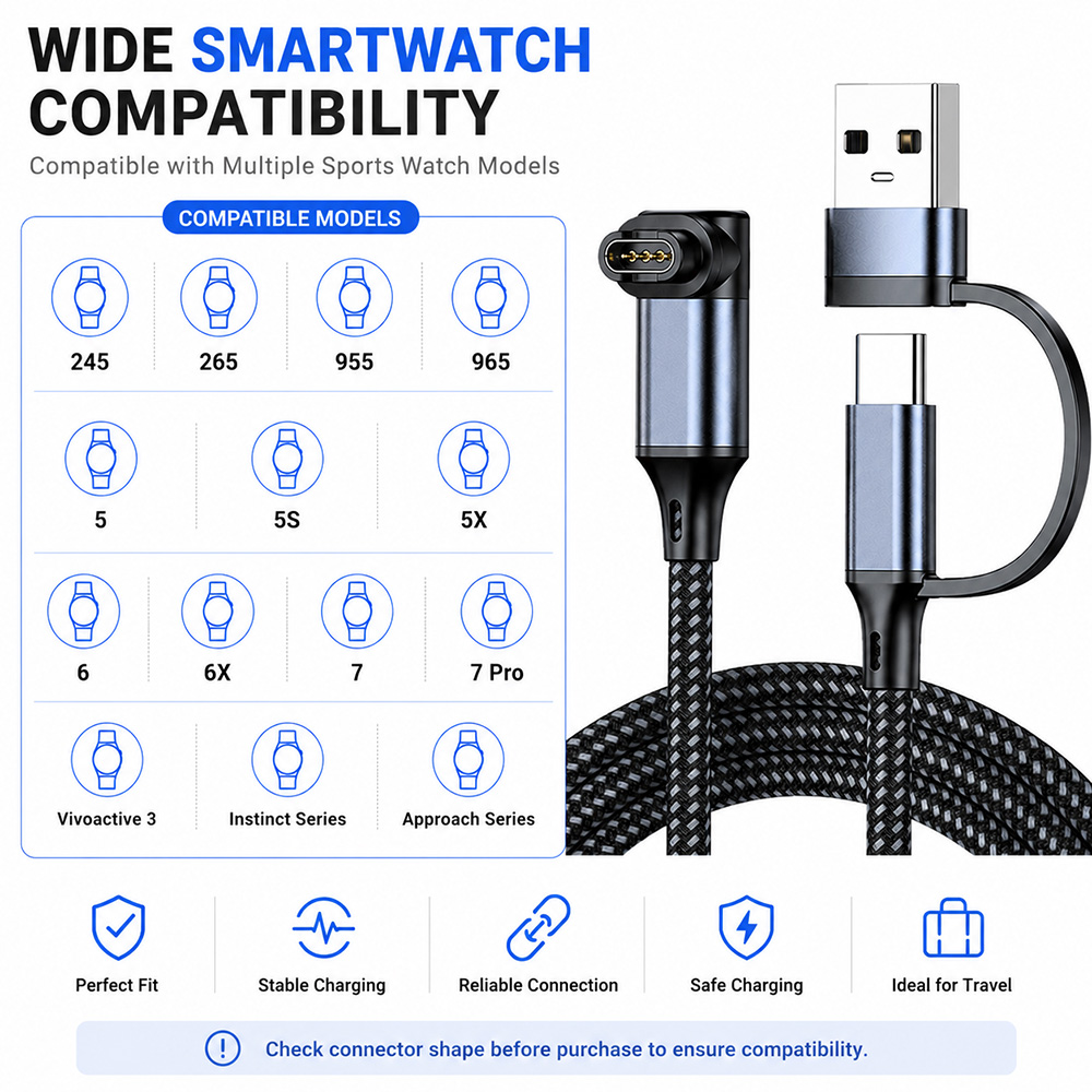 Compatible sports watch charging cable with 4-pin charging connector