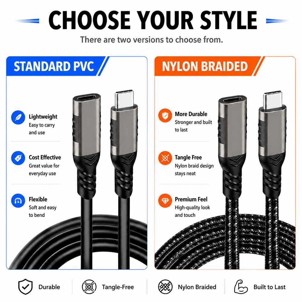 USB-C Extension Cable Standard PVC vs Nylon Braided Version Comparison