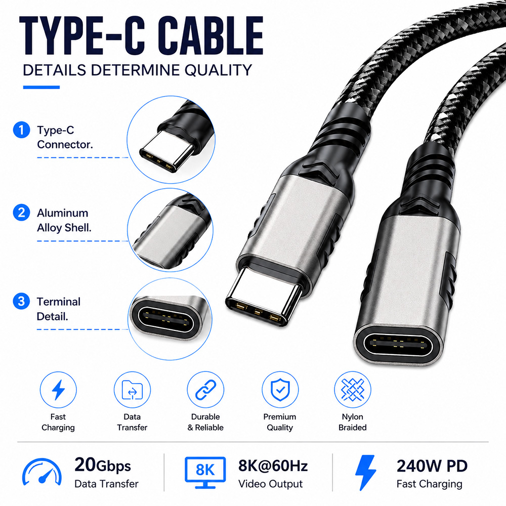 USB-C Extension Cable Connector Details Aluminum Alloy Shell Nylon Braided Cable Construction