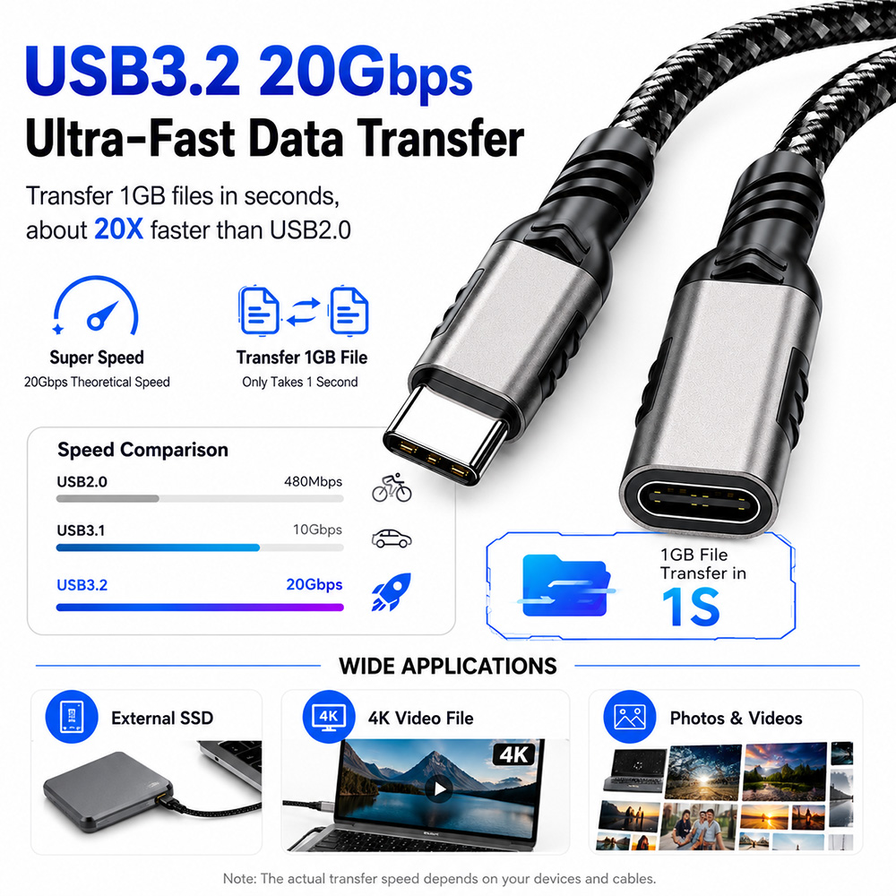 USB3.2 20Gbps USB-C Extension Cable High Speed Data Transfer for SSD Photos and Video Files