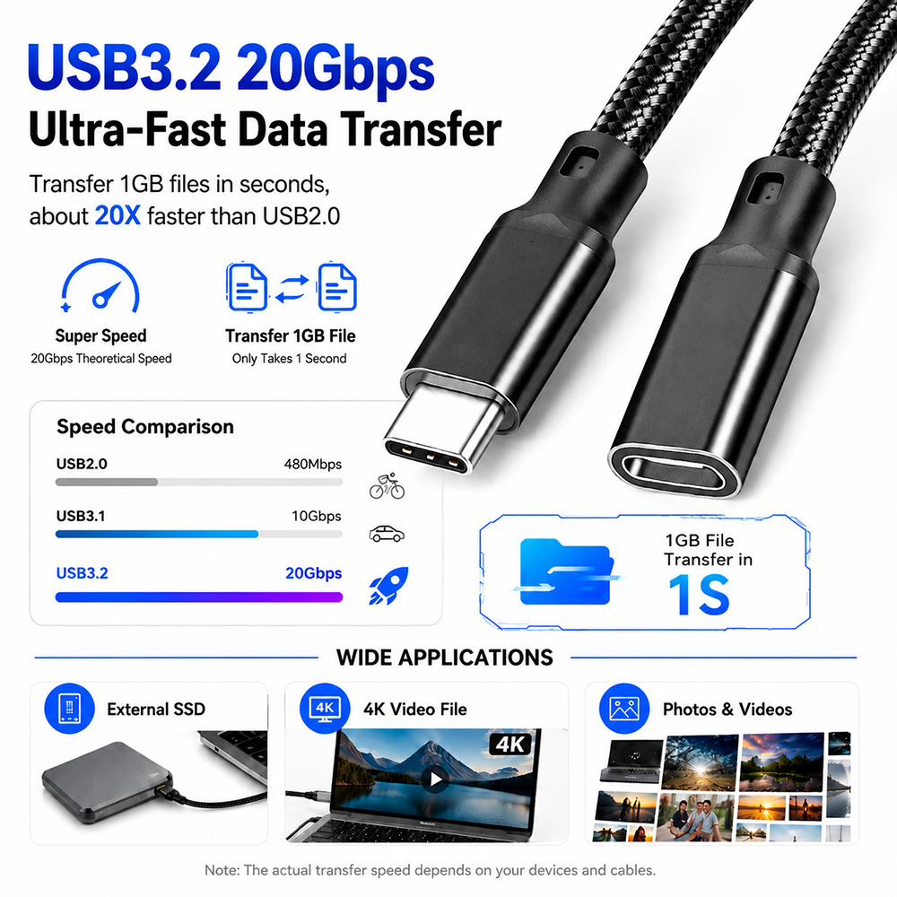 USB3.2 20Gbps USB-C Extension Cable High Speed Data Transfer for SSD Photos and Video Files