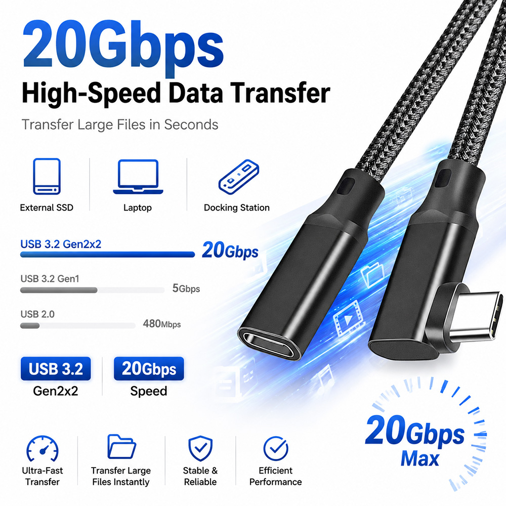 USB-C extension cable with USB 3.2 Gen2x2 20Gbps high speed data transfer for SSD and docking station