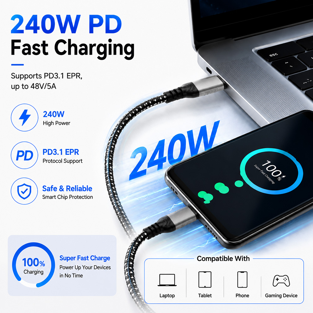USB-C Extension Cable Supports 240W PD3.1 Fast Charging for Laptop Tablet Phone and Gaming Device