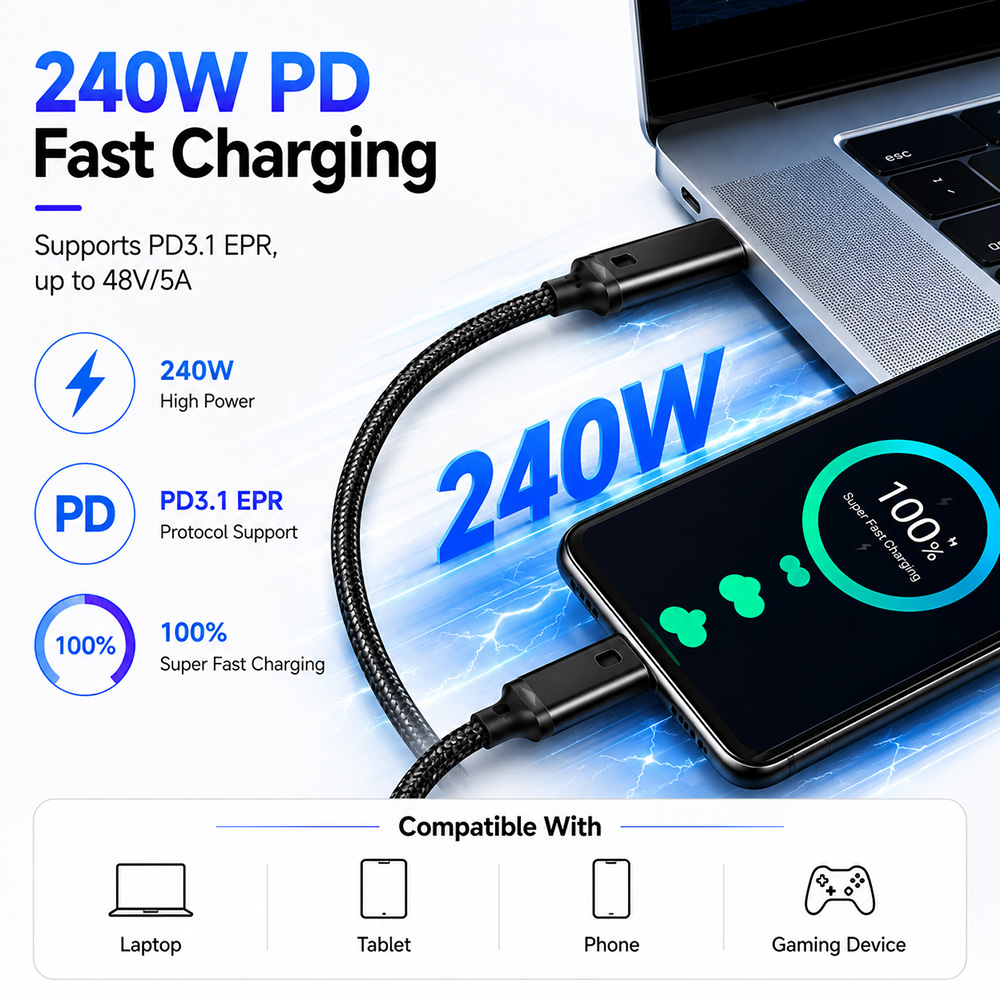 USB-C Extension Cable Supports 240W PD3.1 Fast Charging for Laptop Tablet Phone and Gaming Device