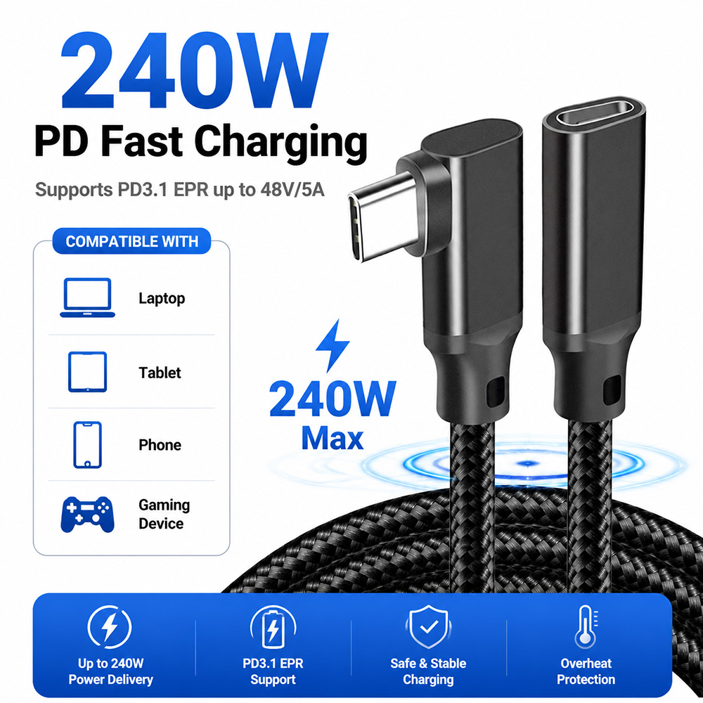 USB-C extension cable supporting 240W PD3.1 fast charging for laptops, tablets and phones