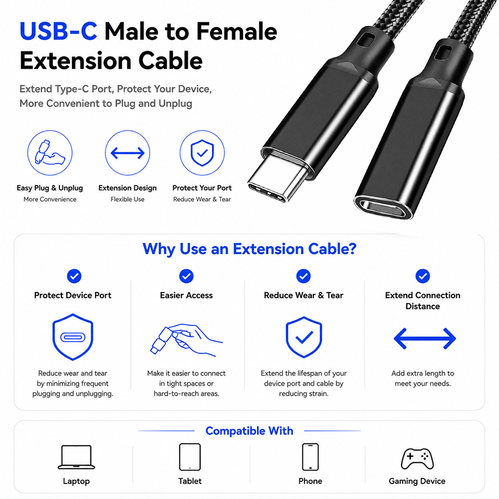 USB-C Male to Female Extension Cable Protect Device Port Easier Access Reduce Wear and Tear
