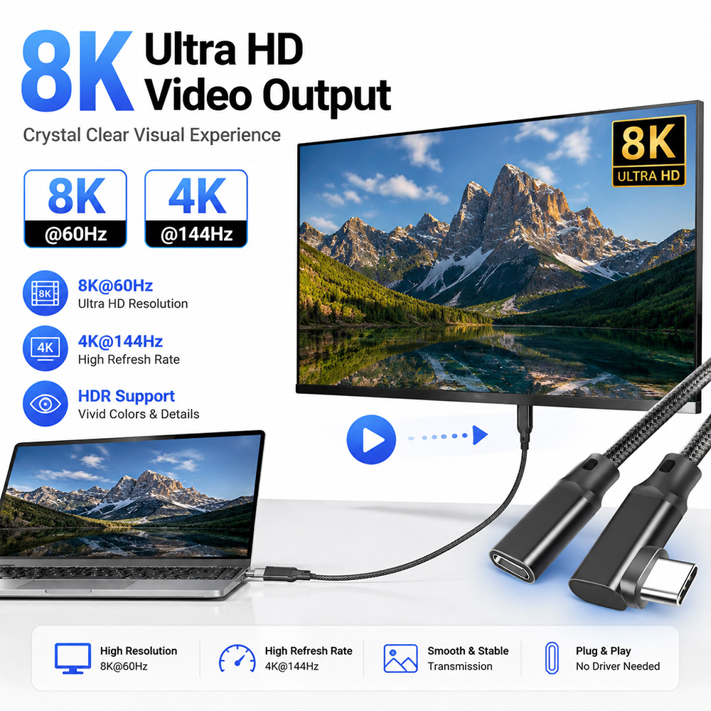 USB-C extension cable supporting 8K 60Hz and 4K 144Hz video output