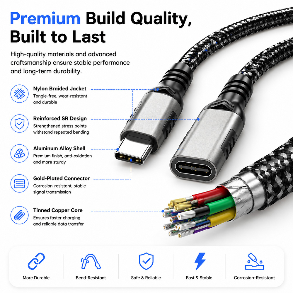Premium USB-C Extension Cable Aluminum Alloy Shell Reinforced Connector Nylon Braided Jacket