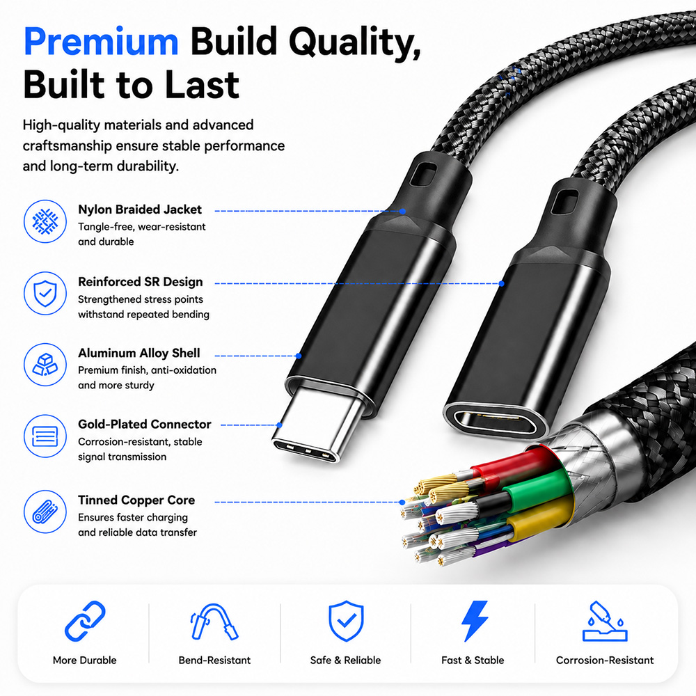 Premium USB-C Extension Cable Aluminum Alloy Shell Reinforced Connector Nylon Braided Jacket
