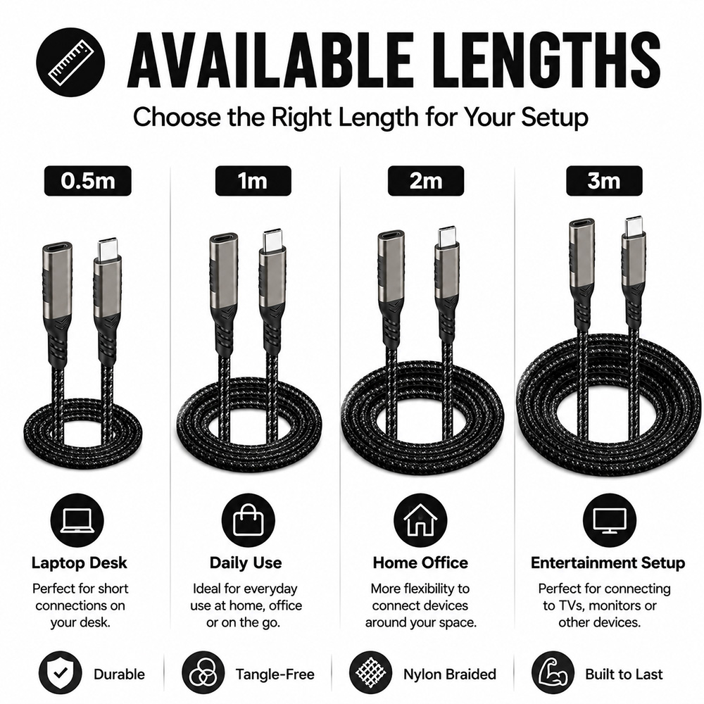 USB-C Extension Cable Available in 0.5m 1m 2m and 3m Length Options