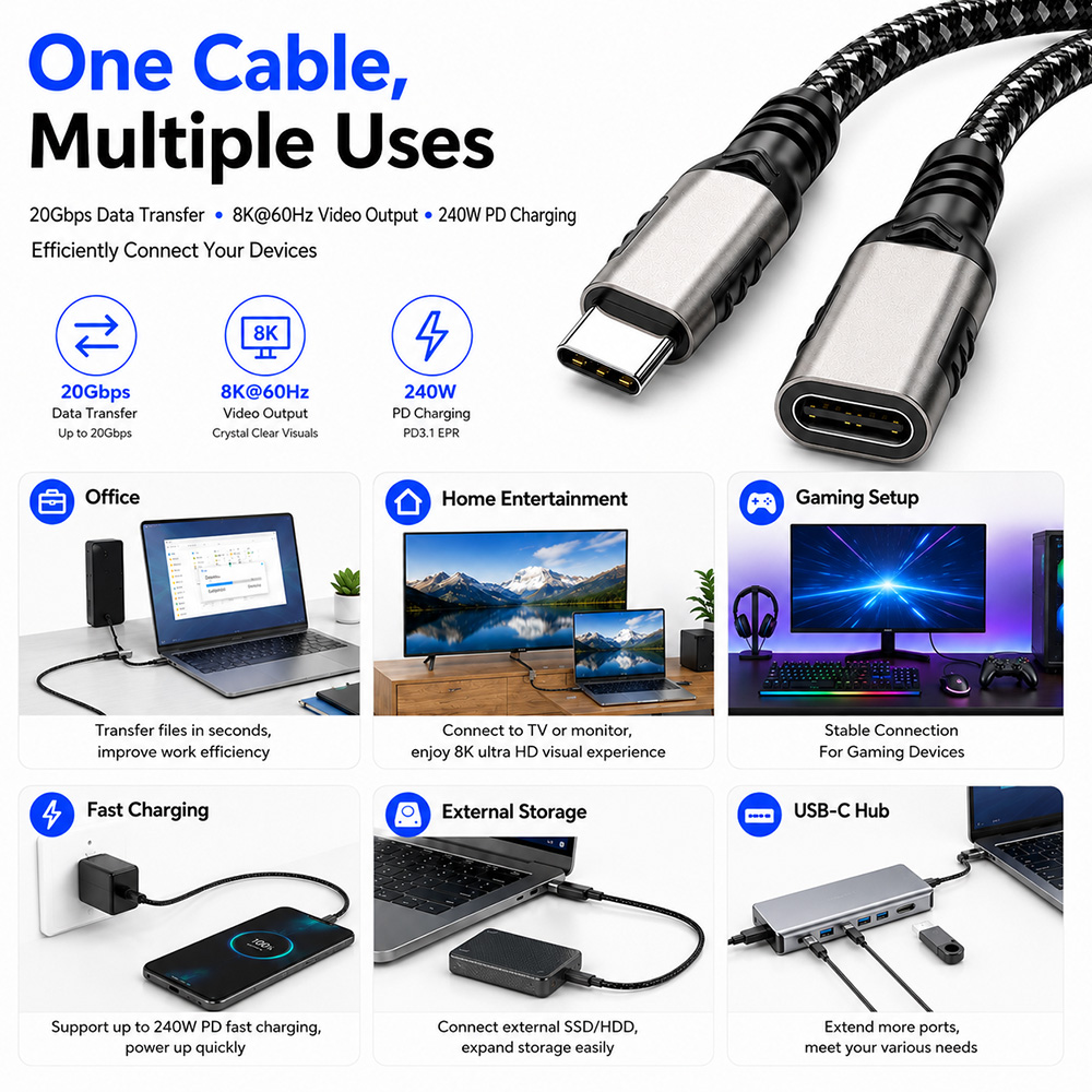 USB-C Extension Cable for Office Home Entertainment Gaming Fast Charging External SSD and USB-C Hub