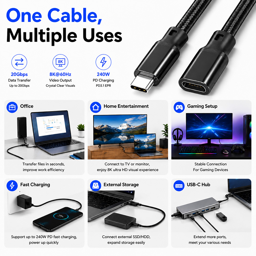 USB-C Extension Cable for Office Home Entertainment Gaming Fast Charging External SSD and USB-C Hub