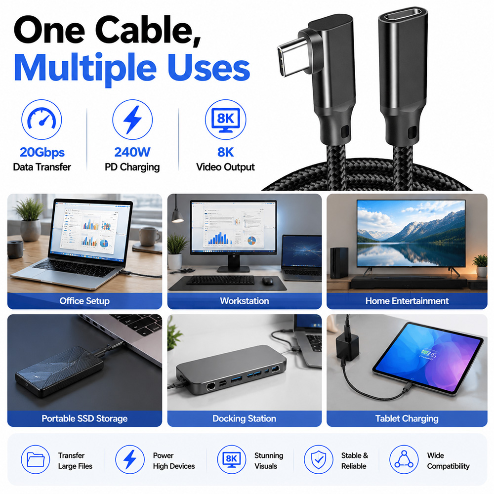 USB-C Extension Cable for Office Home Entertainment Gaming Fast Charging External SSD and USB-C Hub