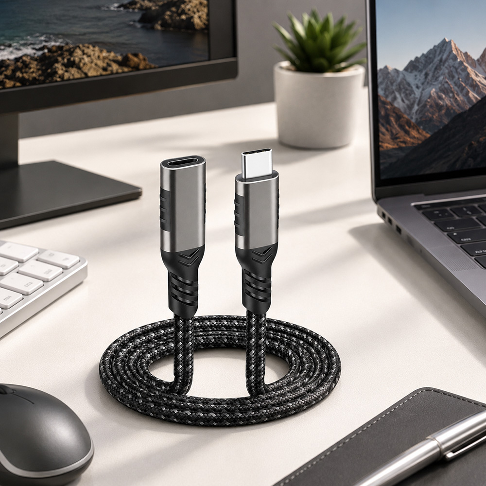 USB-C Extension Cable Connected to Laptop Monitor and Accessories in Modern Workspace Setup