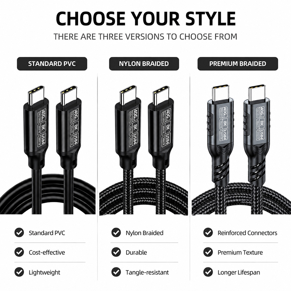 USB4 40Gbps USB-C cable style options with standard PVC, nylon braided and premium braided versions