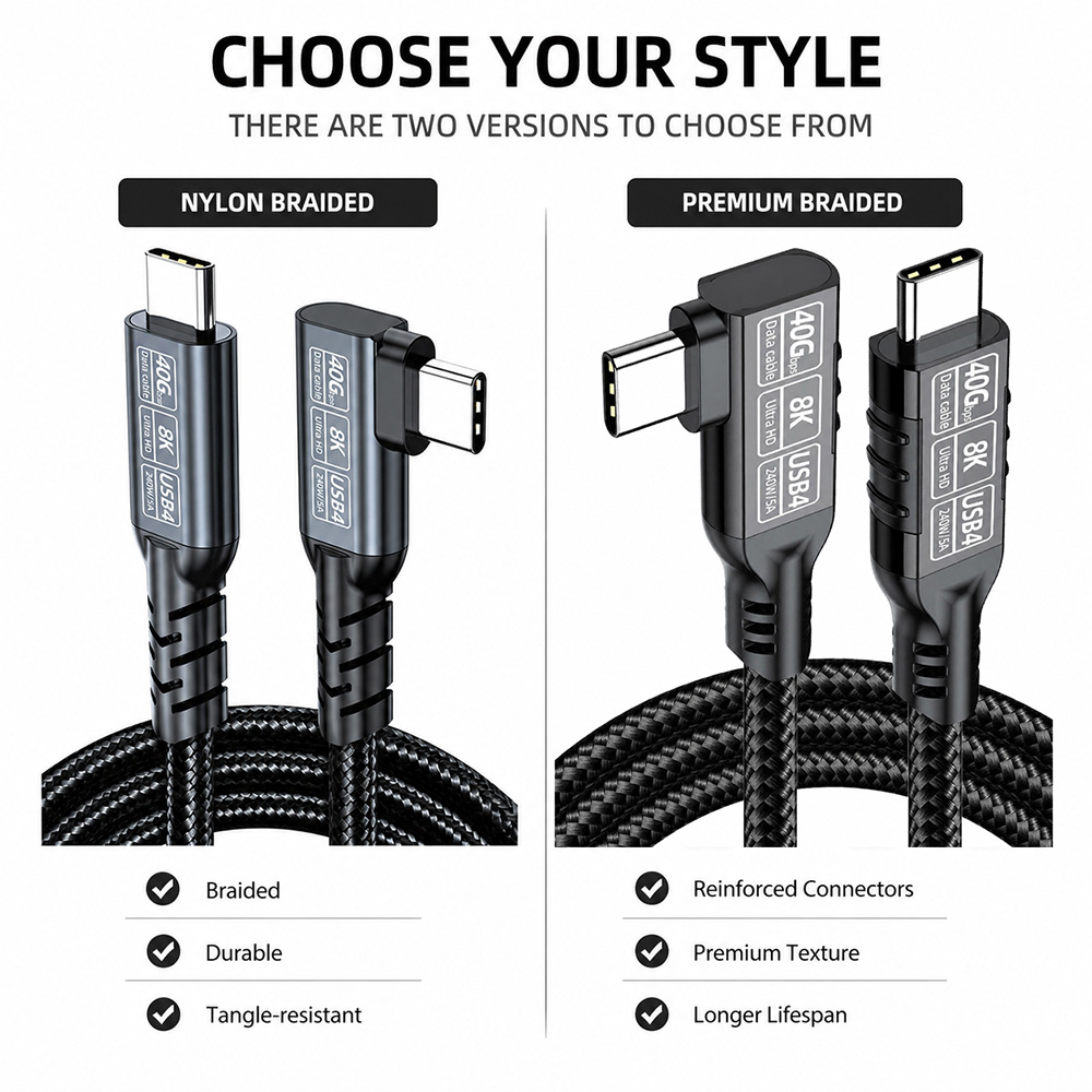USB4 40Gbps right angle USB-C cable available in different cable style options