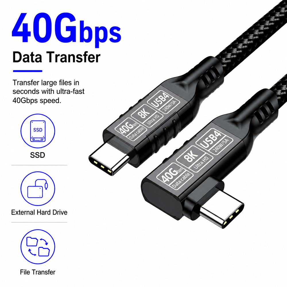 USB4 right angle USB-C cable supporting up to 40Gbps high-speed data transfer for SSDs and external devices