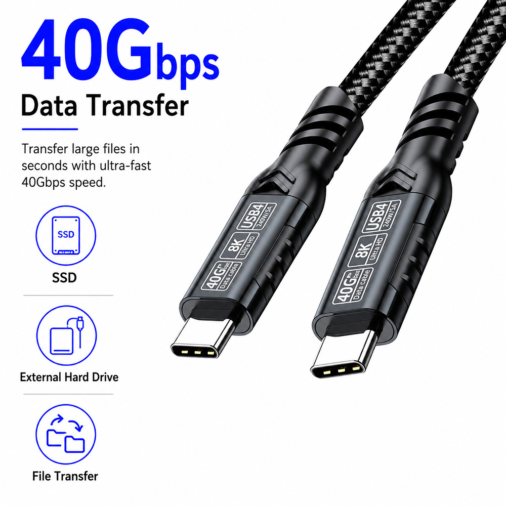 USB4 cable supporting up to 40Gbps high-speed data transfer for SSDs, laptops and external devices