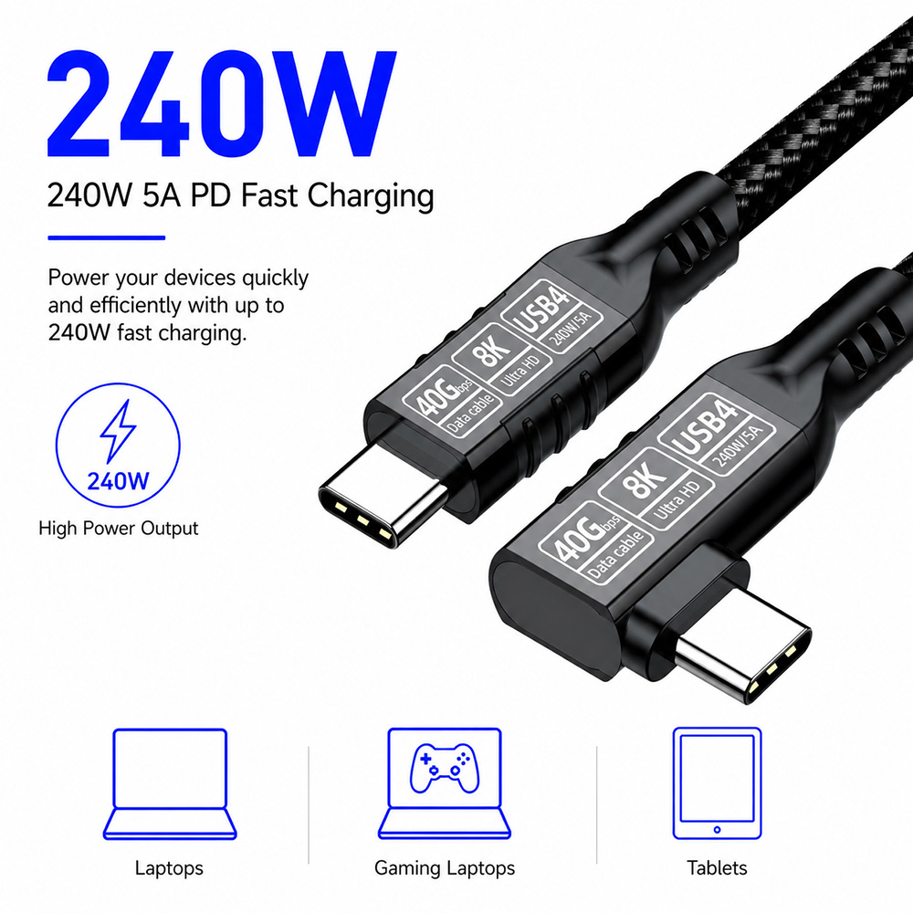 USB4 right angle USB-C cable supporting up to 240W fast charging for laptops, tablets and USB-C devices